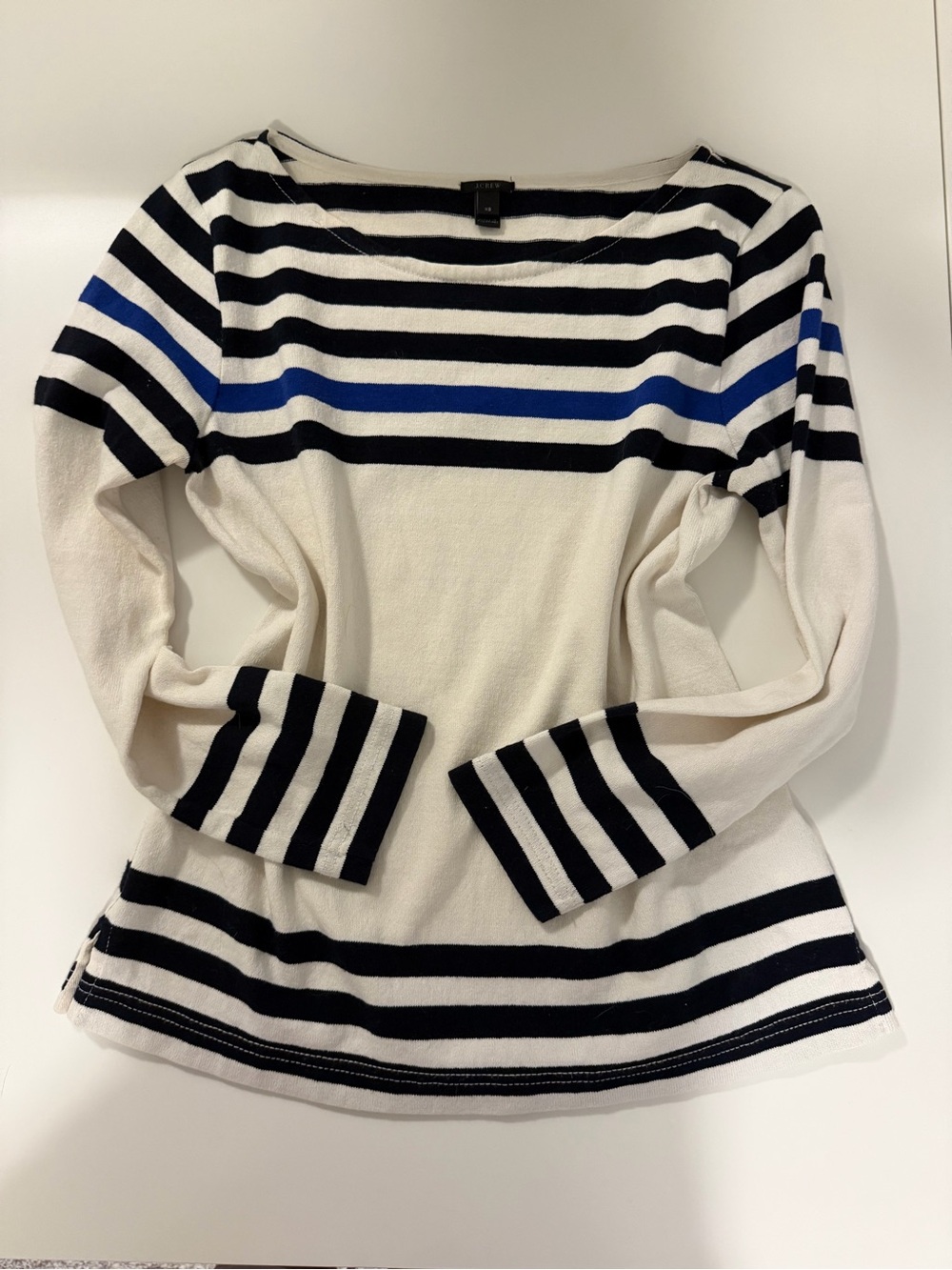 J. Crew White Black & Blue Striped Boatneck Long Sleeve Top